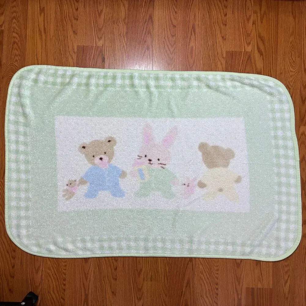 Vintage Carters Hide and Seek Baby Blanket Bunny Bear Green Fleece Just One Year